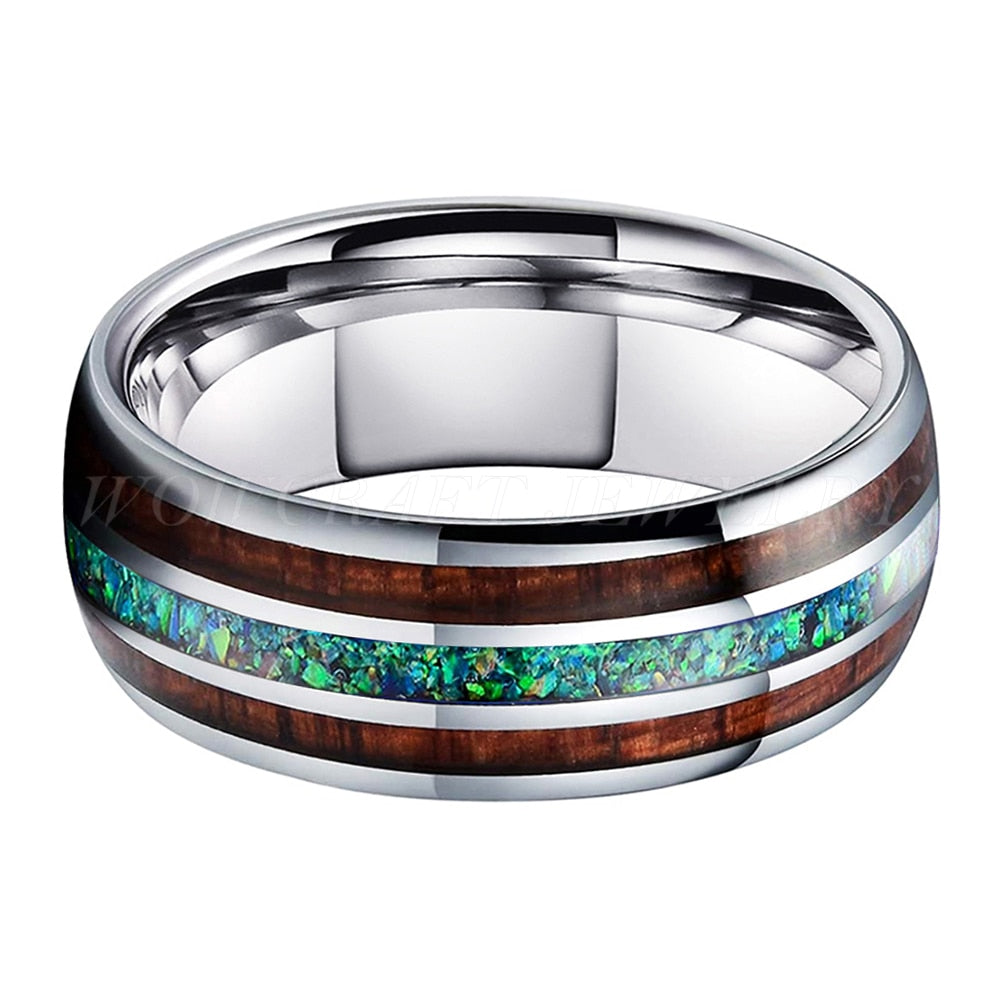 8mm Crushed Green Opal & Koa Wood Inlay Silver Tungsten Men's Ring