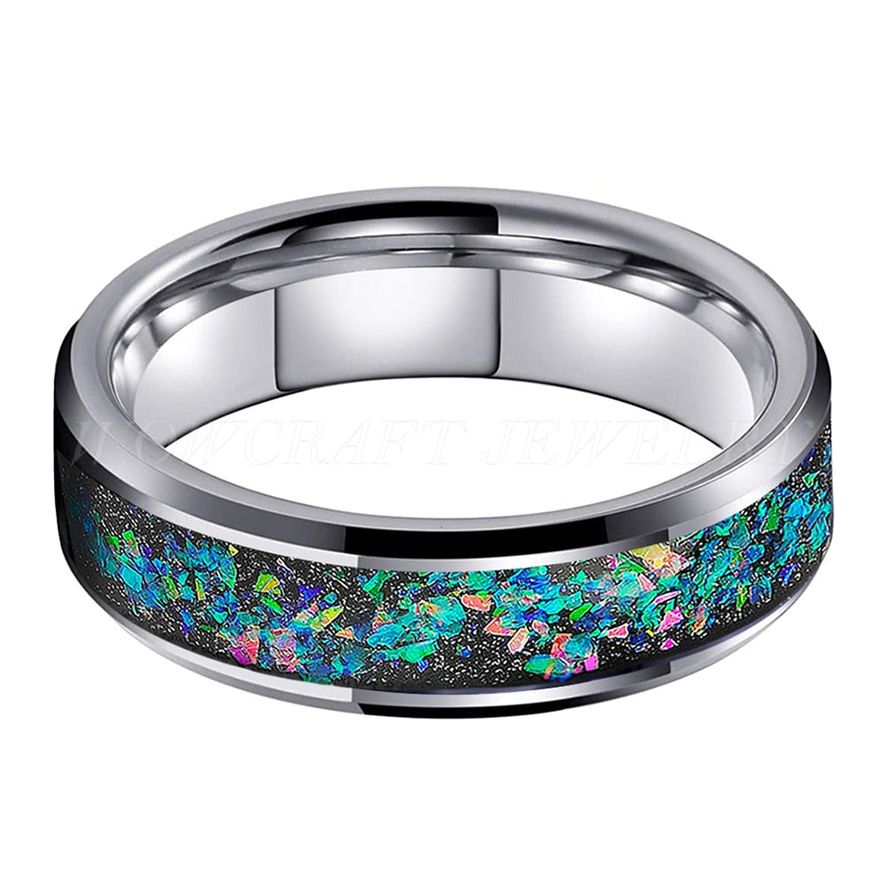 6mm, 8mm Eternity Crushed Opal & Silver Tungsten Unisex Ring