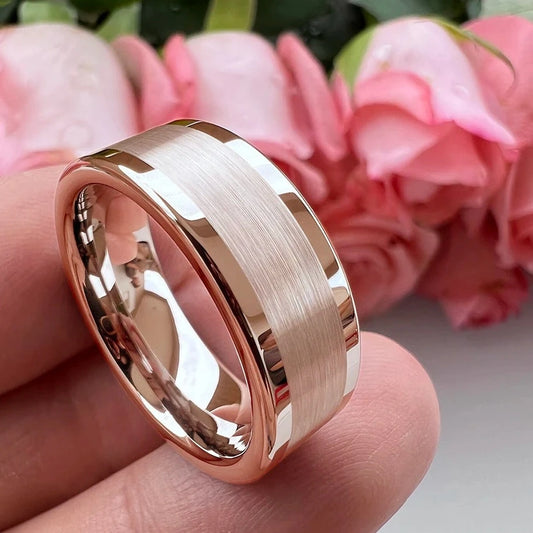 6mm & 8mm Rose Gold Centre Brushed & Polished Edges Tungsten Rings