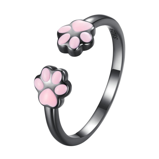 Cute Cat & Dog Pets Pink Paw Prints 925 Sterling Silver Adjustable Women's Ring