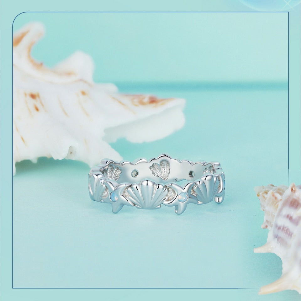 Opal Starfish and Sea Shells 925 Sterling Silver Women's Ring