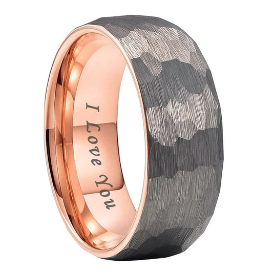 4mm, 6mm, 8mm I Love You Engraved Hammered Rose Gold Tungsten Unisex Ring
