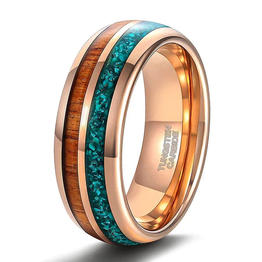 8mm Green Turquoise & Wood Inlay Rose Gold Unisex Tungsten Ring