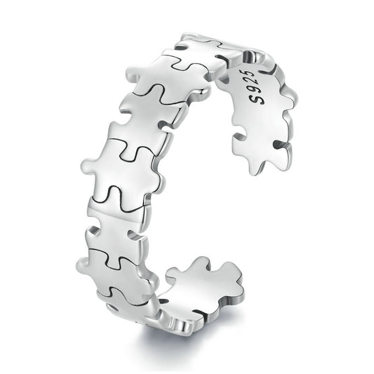 Jigsaw Puzzle Pieces Game Design 925 Sterling Silver Adjustable Women's Ring