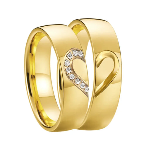 6mm Gold Colored Dome Polished Heart Shape Stainless Steel Couples Rings (2pc/Set)