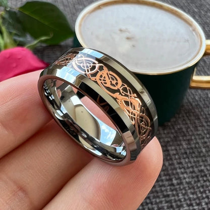 8mm Rose Gold Dragon Beveled Polished Edges Men's Ring (5 Colors)