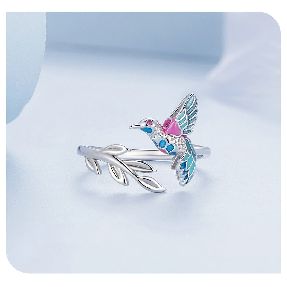 Kingfisher Bird & Leaves 925 Sterling Silver Women's Ring