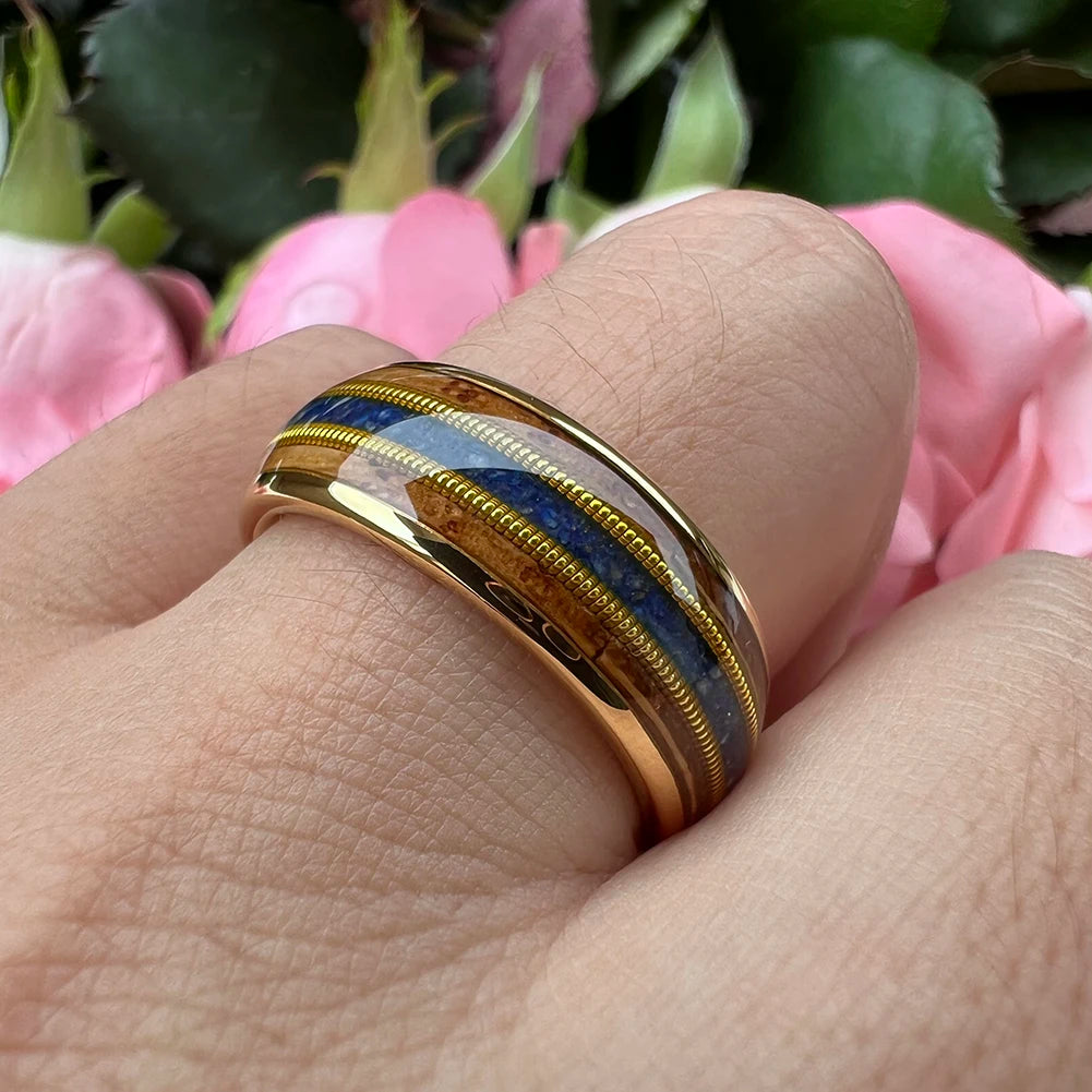 8mm Guitar String Lapis Inlay Whisky Wood Tungsten Unisex Ring (3 Colors)