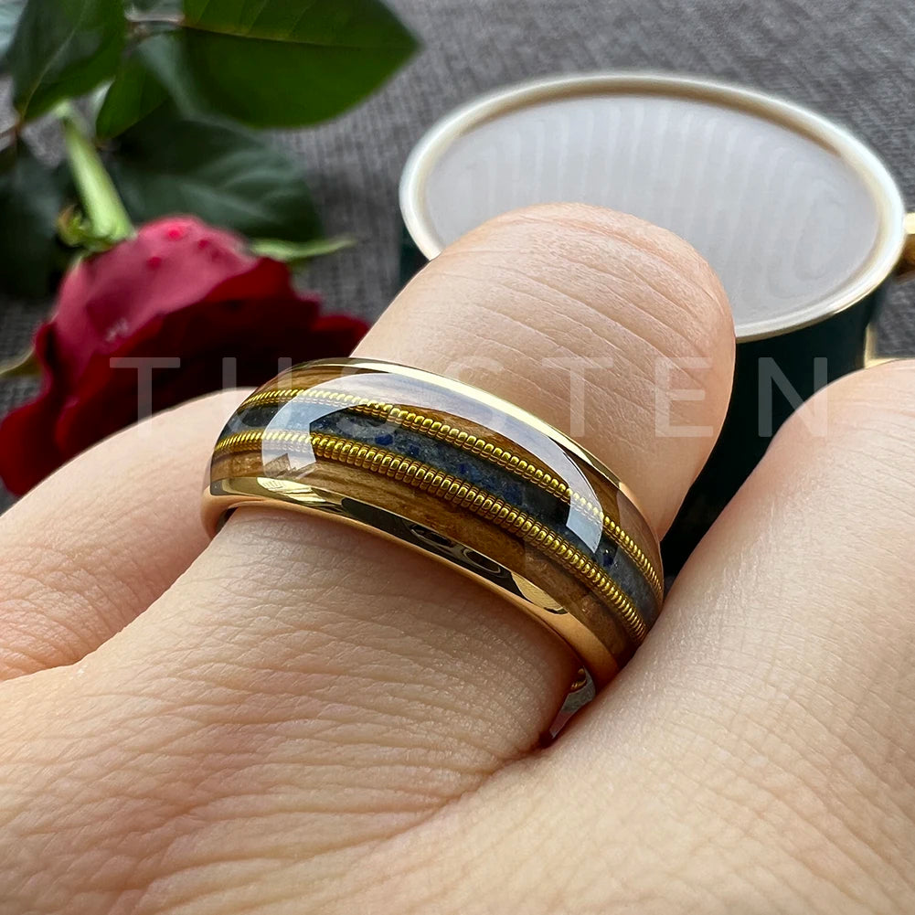 8mm Golden Guitar Strings Lapis Inlay Whisky Barrel Oak Wood Tungsten Unisex Ring (3 Colors)
