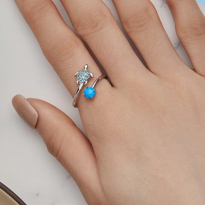 Blue Turtle Ocean Blue Fire Opal 925 Sterling Silver Women's Ring