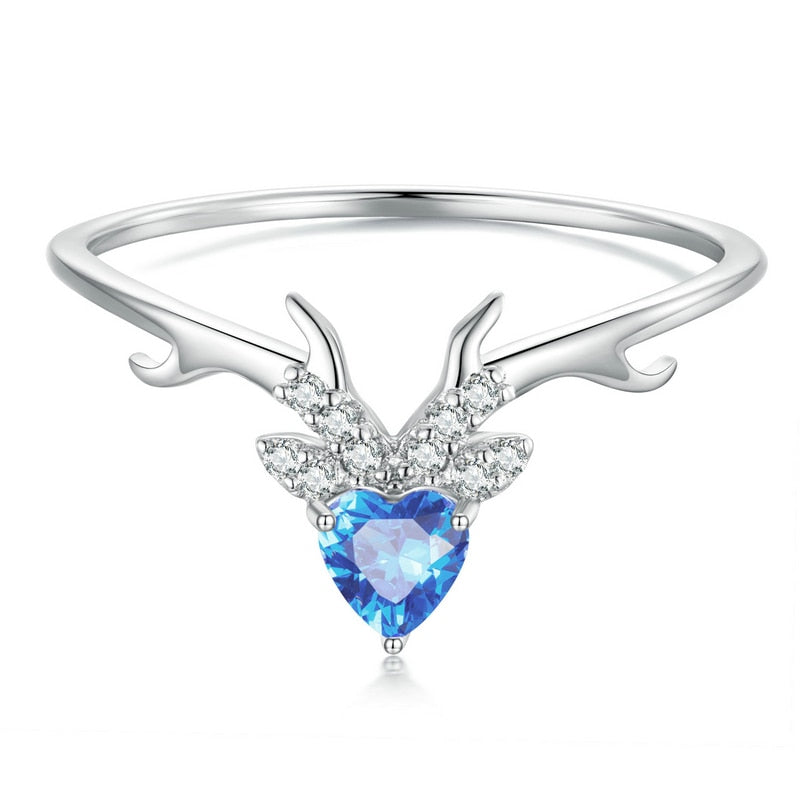 Christmas Reindeer Blue Crystal & Cubic Zirconia Antlers 925 Sterling Women's Ring
