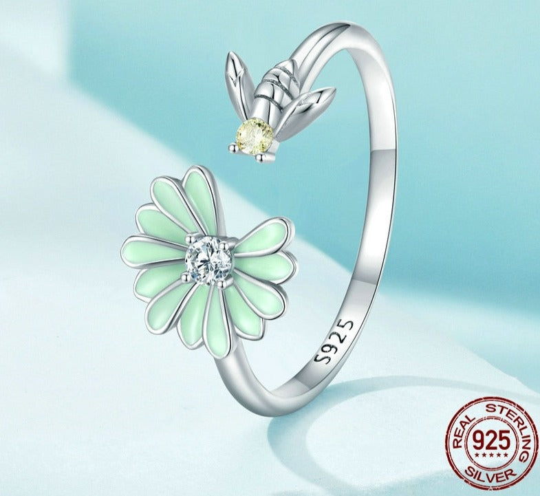 Candy Green Flower & Bumble Bee Spring 925 Sterling Adjustable Women's Ring