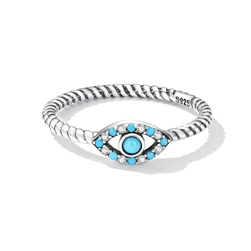 Evil Eye Turquoise Stone & Twist Design 925 Sterling Silver Women's Ring