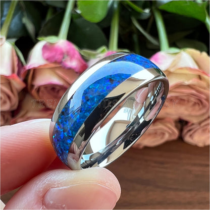 6mm & 8mm Blue Opal Inlay & Silver Polished Unisex Tungsten Ring