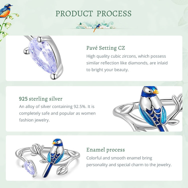 Pretty Blue Bird 925 Sterling Silver Adjustable Women's Ring