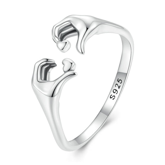 Hand Heart 925 Sterling Silver Women's Adjustable Ring