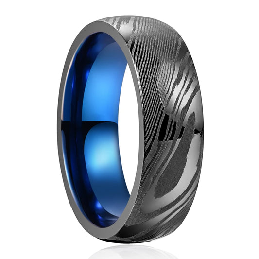 8mm Black Damascus Steel & Blue Men's Ring