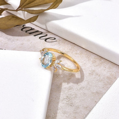 18k Gold Oval Cut Blue Topaz 925 Sterling Silver Plated Women's Ring
