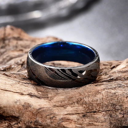 8mm Black Damascus Steel & Blue Men's Ring
