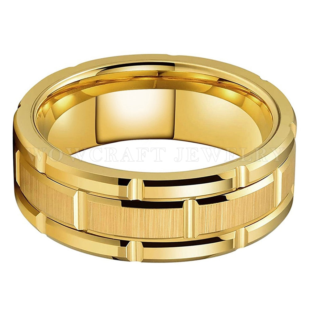 8mm Classic Brick Pattern Brushed Gold Color Tungsten Men's Ring