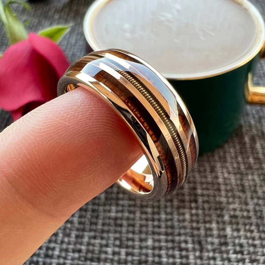 8mm Guitar String & Real Wood Inlay Rose Gold Tungsten Unisex Ring
