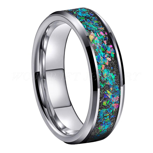 6mm, 8mm Eternity Crushed Opal & Silver Tungsten Unisex Ring