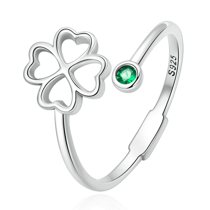 Irish St Patrick's Day Four Leaf Clover & Green Cubic Zirconia 925 Sterling Silver Adjustable Women's Ring (3 Colors)