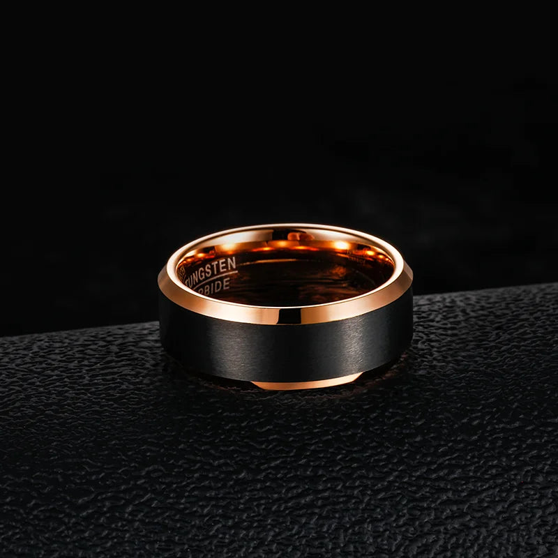 8mm Black Brushed Beveled Polished Cut Edge Rose Gold Men's Ring