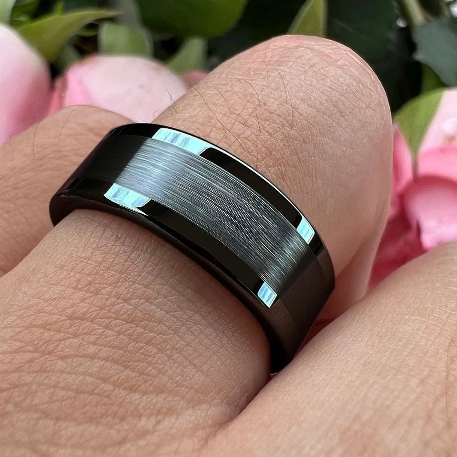 6mm & 8mm Black Centre Brushed & Polished Edges Tungsten Rings