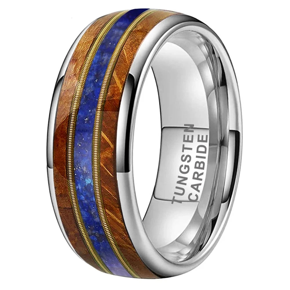 8mm Golden Guitar Strings Lapis Inlay Whisky Barrel Oak Wood Tungsten Unisex Ring (3 Colors)