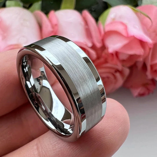 6mm & 8mm Silver Centre Brushed & Polished Edges Tungsten Rings