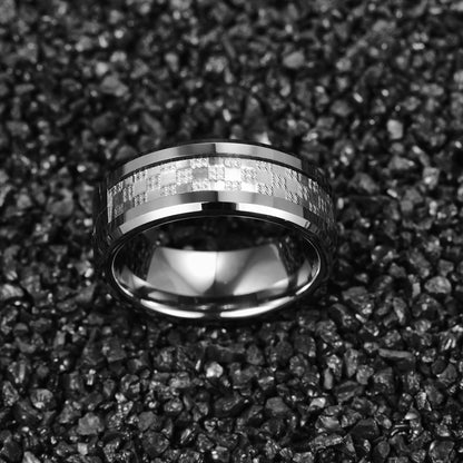 8mm Checkered Metal Inlay Silver Tungsten Men's Ring