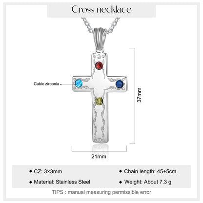 Personalized Inlaid 4 Birthstones Stainless Steel Cross Unisex Necklace