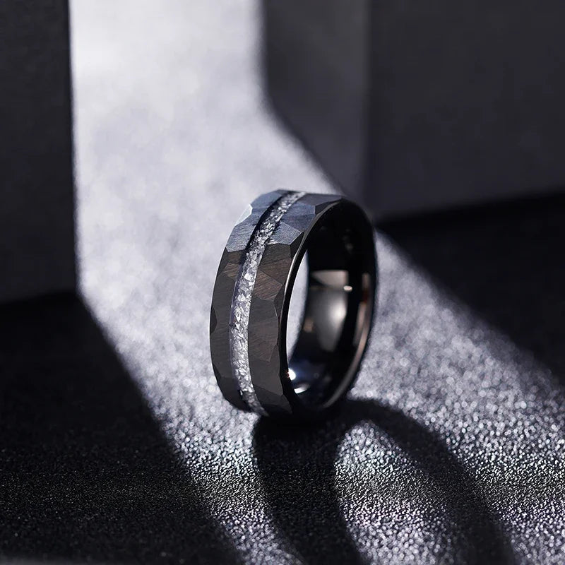 8mm Aluminum Slag Inlay Hammered Black Tungsten Men's Ring