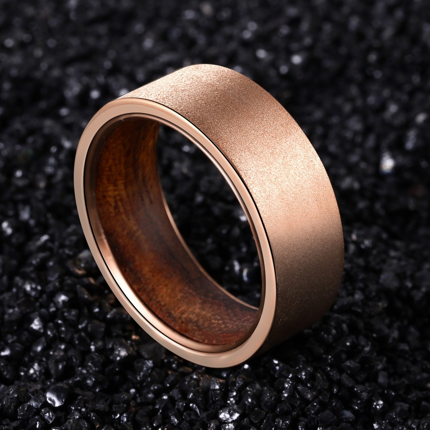 8mm Matte Sandblasted Rose Gold & Teak Wood Tungsten Men's Ring