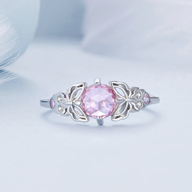 Butterflies & Pink Stone 925 Sterling Silver Pink Women's Ring