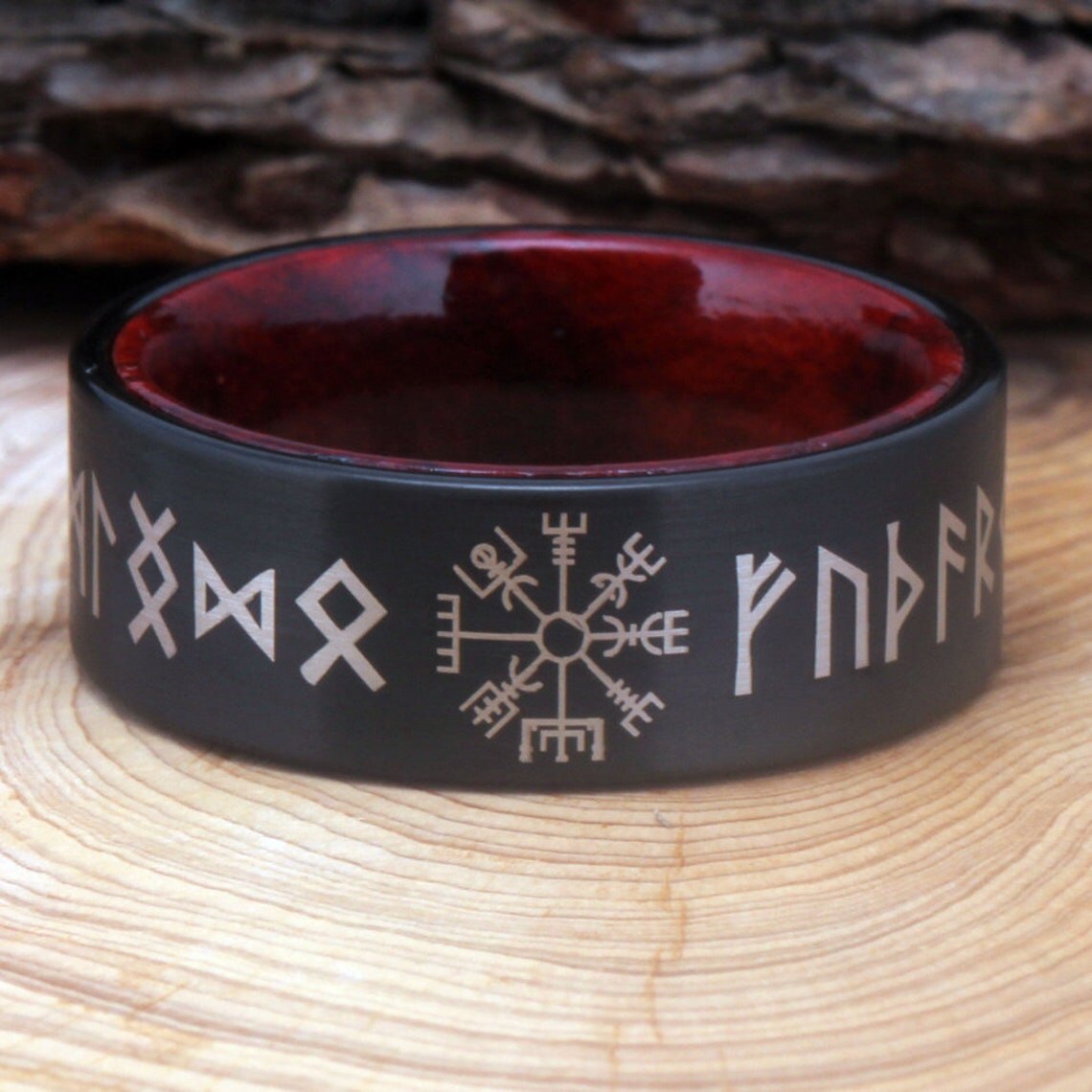 8mm Viking Compass Runic Letter Rose Wood & Black Tungsten Men's Ring