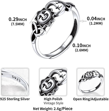 Vintage Sun Moon Faces & Irish Celtic Trinity Knot Adjustable Sterling Silver Women's Ring