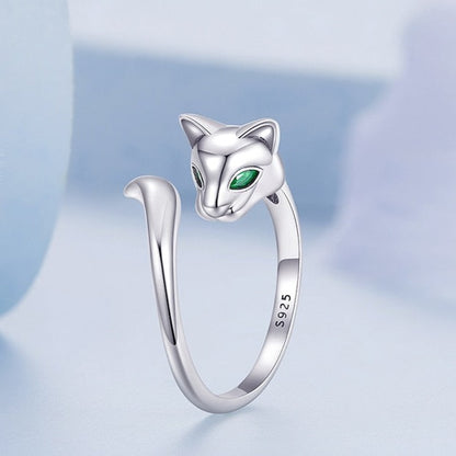 Fox Tail & Green Cubic Zirconias 925 Sterling Silver Women's Ring