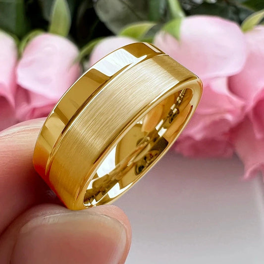6mm & 8mm Gold Color Offset Groove Two Tone Tungsten Unisex Rings