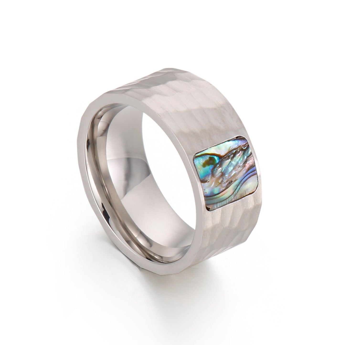 10mm Hammered & Abalone Shell Inlay Men's Ring (2 colors)