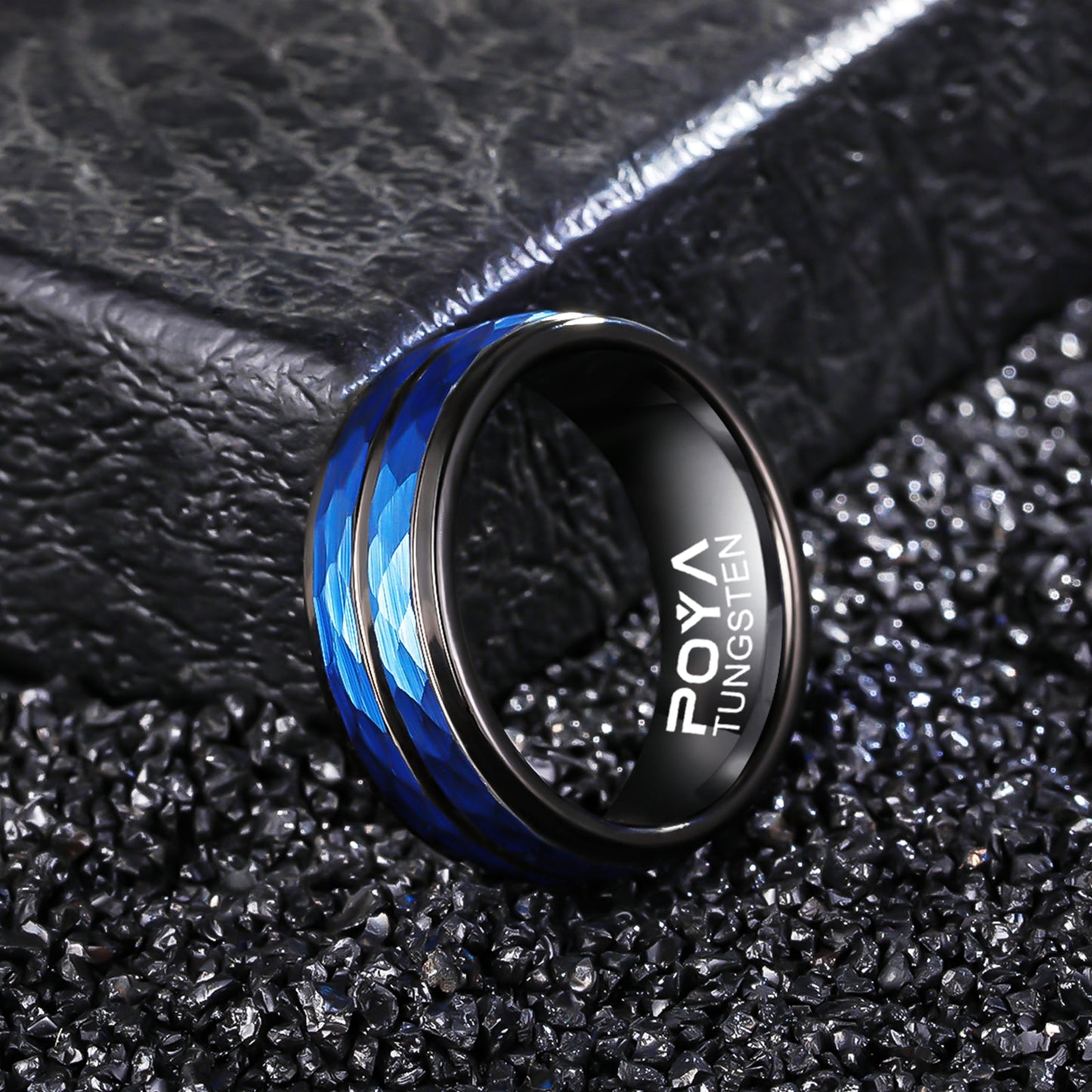 8mm Blue Hammered With Groove Black Tungsten Men's Ring