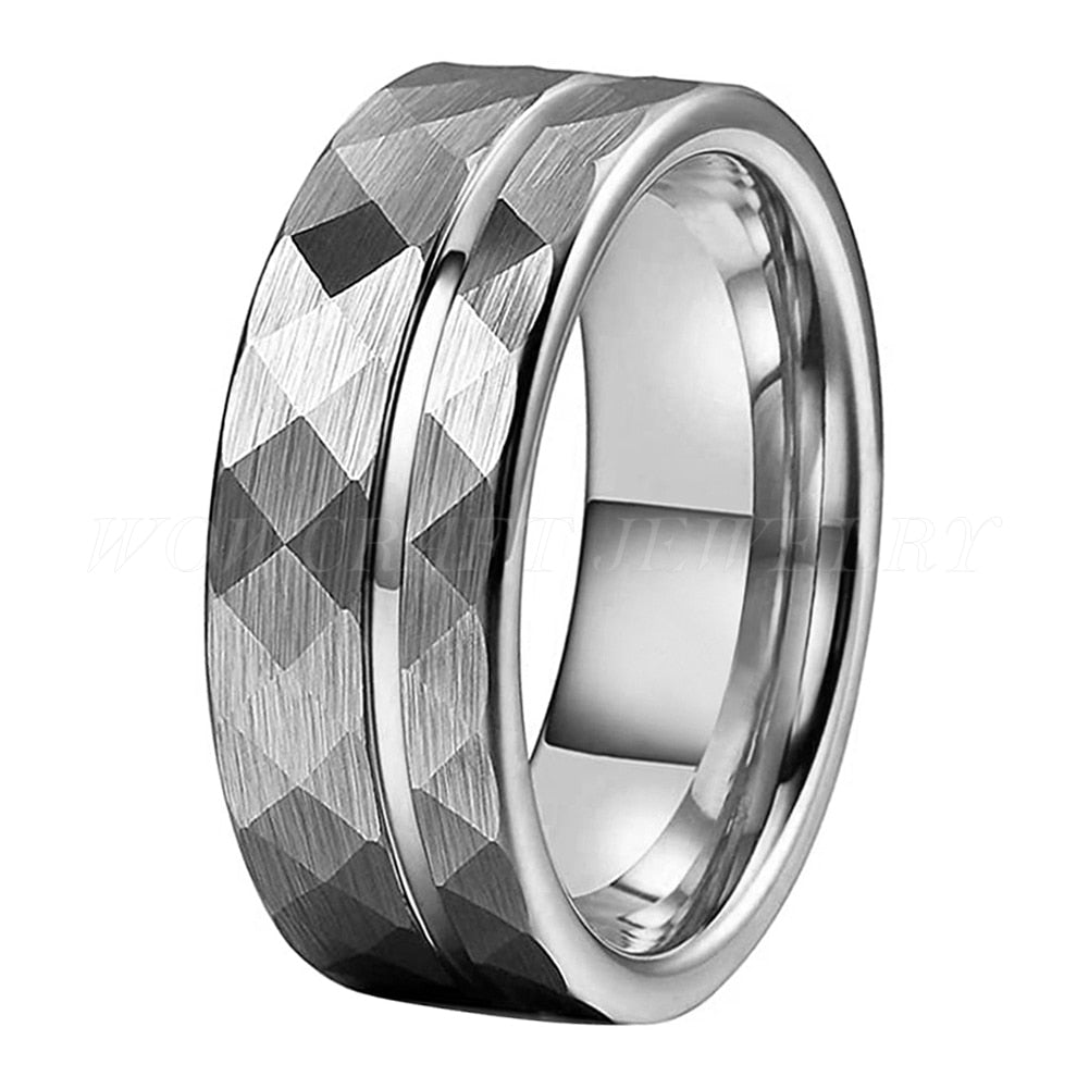 8mm Groove Inlay Hammered Silver Tungsten Men's Ring