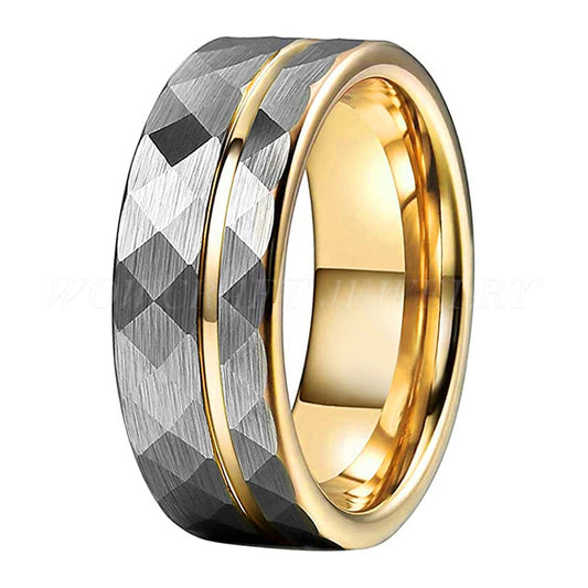 8mm Hammered Silver & Gold Off-Set Groove Tungsten Men's Ring