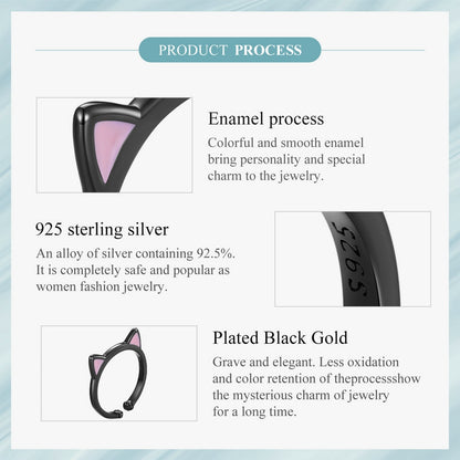 Cute Black Cat Pink Ears 925 Sterling Silver Adjustable Women's Ring