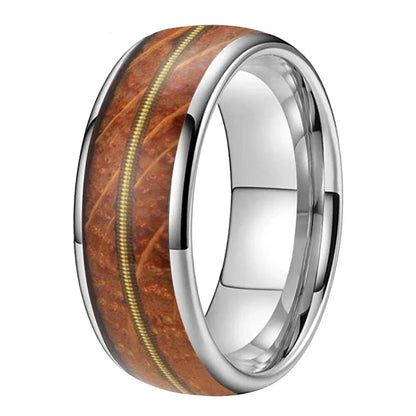 8mm Golden Guitar String Whisky Barrel Oak Wood Tungsten Unisex Ring (4 Colors)