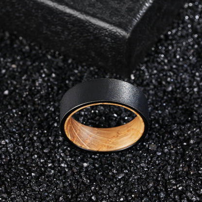 8mm Whiskey Wood & Sandblasted Black Tungsten Unisex Ring