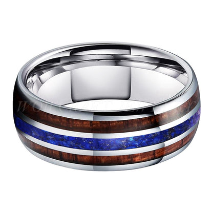 8mm Koa Wood Lapis Lazuli Inlay Dome Silver Men's Ring