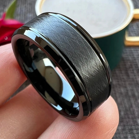 8mm Brushed Beveled Brushed Finish Black Tungsten Men's Ring (2 Colors)