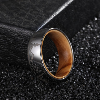 8mm Forest & Mountains Whiskey Barrel Wood Silver Tungsten Unisex Ring